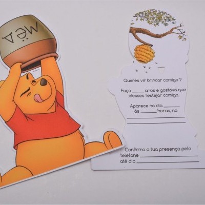 Convite infantil Winnie the Pooh com pote de mel e texto para festa