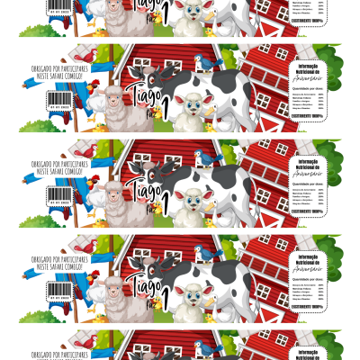 Etiquetas coloridas com animais da quinta e texto em português