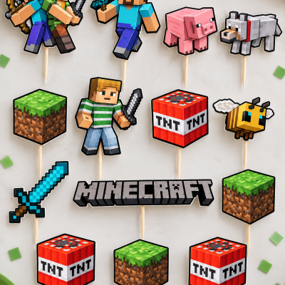 Decorativos para bolos com tema Minecraft de papel e madeira.