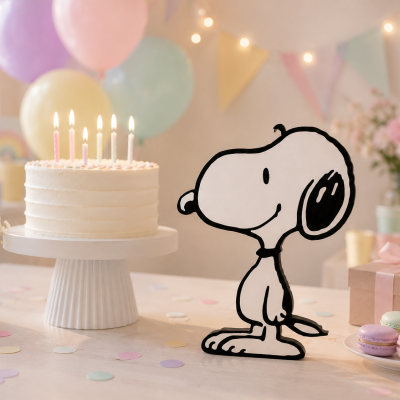 Mesa de festa com bolo branco e velas, decoração colorida e figura de Snoopy