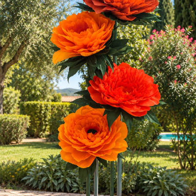 Decoração de flores artificiais grandes laranja e vermelho em base preta