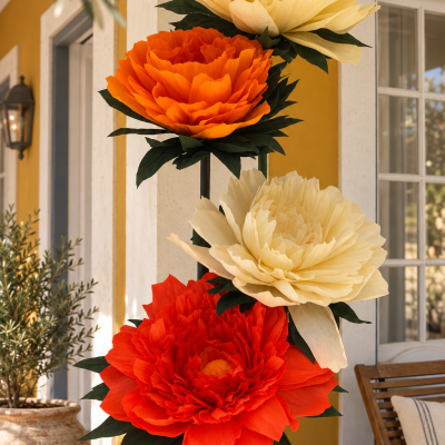 Flores artificiais grandes creme, laranja e vermelho em suporte preto numa varanda exterior