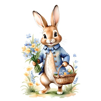 Ilustração de coelho com casaco azul segurando flores e cesta com flores.