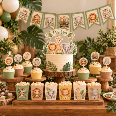Decoração de festa infantil com animais selvagens em papel e bolo decorado