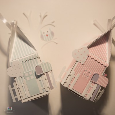 Caixas em forma de casinha azul e rosa com corações