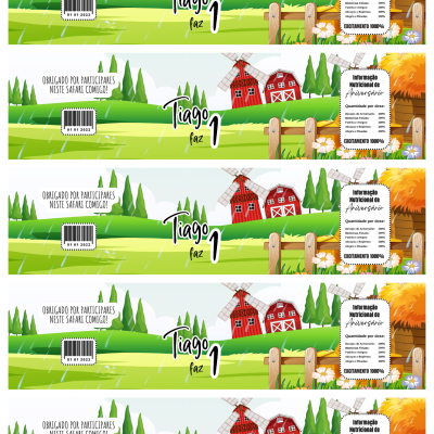 Rótulos de embalagem coloridos com tema de paisagem rural, moinho, e texto em português.
