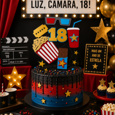 Bolo de aniversário colorido com decoração de cinema e topper 18.