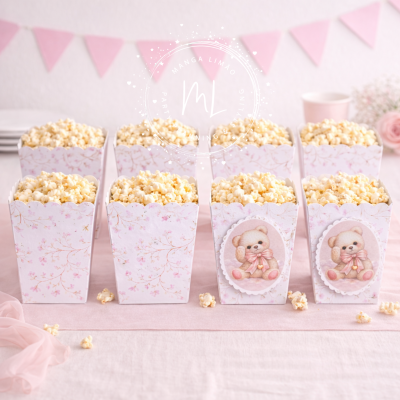 Caixas de pipoca rosa com padrão floral e ursinhos com laço cor-de-rosa