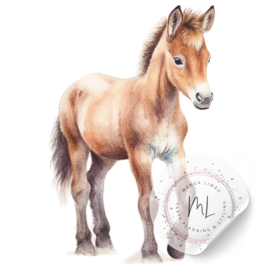 Ilustração digital de um potro castanho claro com selo MANGA LIMÃO