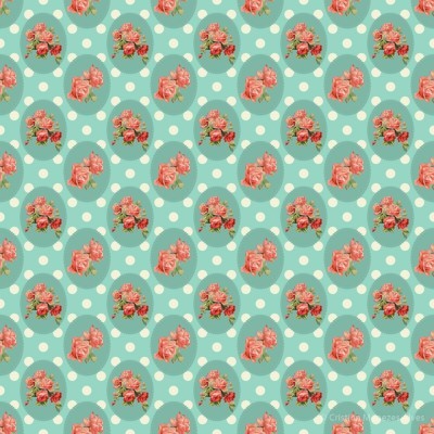 Padrão vintage com bolinhas brancas e flores vermelhas e rosas sobre fundo azul claro