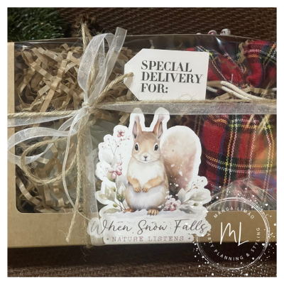 Caixa de presente com tecido xadrez e etiqueta decorativa com esquilo e texto