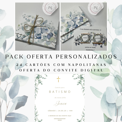 Pack oferta personalizado com cartões florais e convite digital de batismo