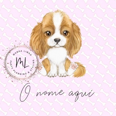 Ilustração de cão marrom e branco num fundo rosa com padrão de ossos brancos e texto 