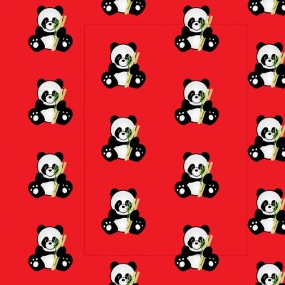 Papel de parede vermelho com pandas segurando bambu em padrão repetido