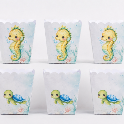 Caixas de papel com desenhos de cavalo-marinho e tartaruga