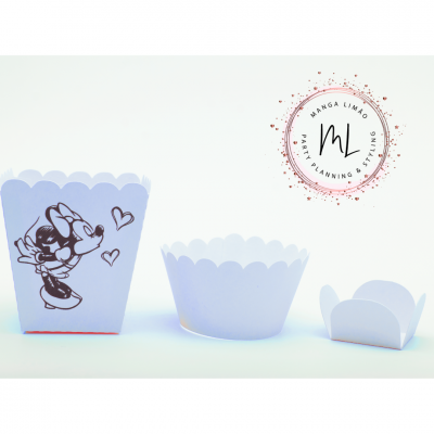 Recipientes de papel branco para festa com desenho da Minnie Mouse e bordas onduladas