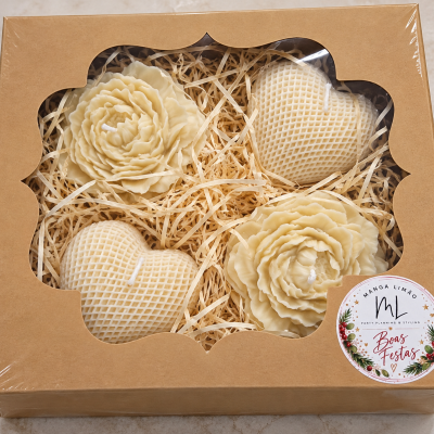 Caixa presente de Natal com 4 velas artesanais de soja aroma a canela