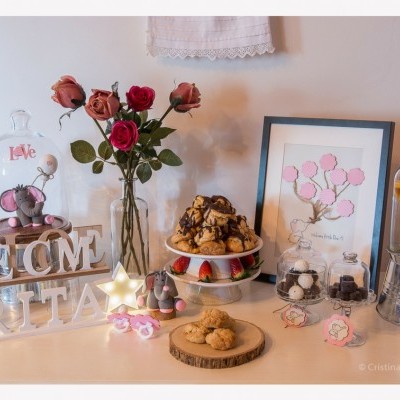 Mesa decorada com bolo, biscoitos, flores vermelhas, figuras elefantes cerâmica e placa 'WELCOME ARITA'