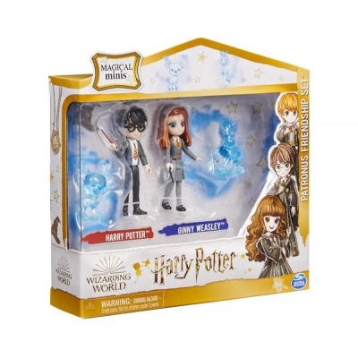 Conjunto de figuras Harry Potter e Ginny Weasley em caixa branca e dourada com feitiços azuis