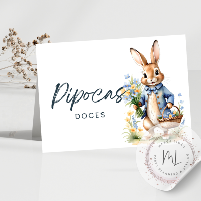 Cartão decorativo com coelho e texto Pipocas Doces