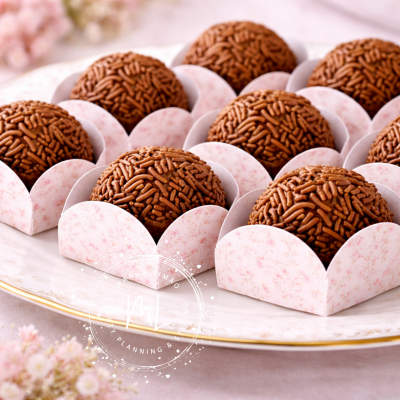 Brigadeiros cobertos com granulados de chocolate em forminhas cor-de-rosa sobre prato branco com borda dourada.
