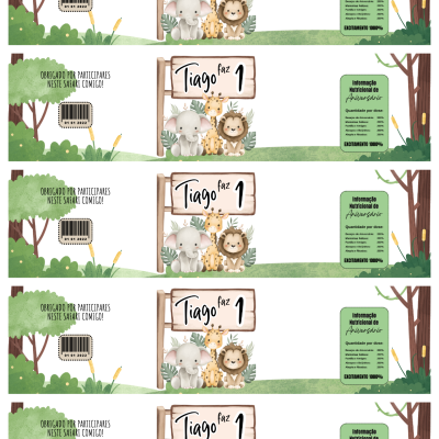 Etiqueta embalagem doces com design infantil animais da selva e texto em português