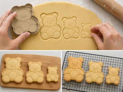 Moldes de cortador de bolachas de urso e bolachas em três tamanhos diferentes em tabuleiro e grelha