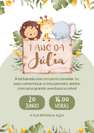 Convite aniversário infantil tema selva com animais e texto em português