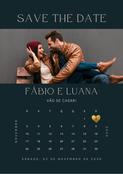 Convite de casamento com foto do casal e calendário de novembro de 2030