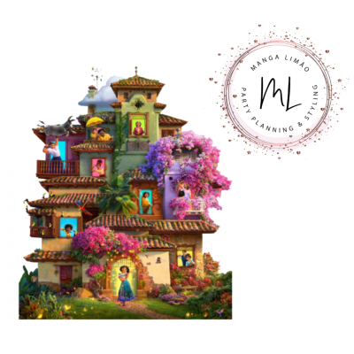 Estrutura colorida em forma de casa com flores e personagens, junto a logo circular de Manga Limão