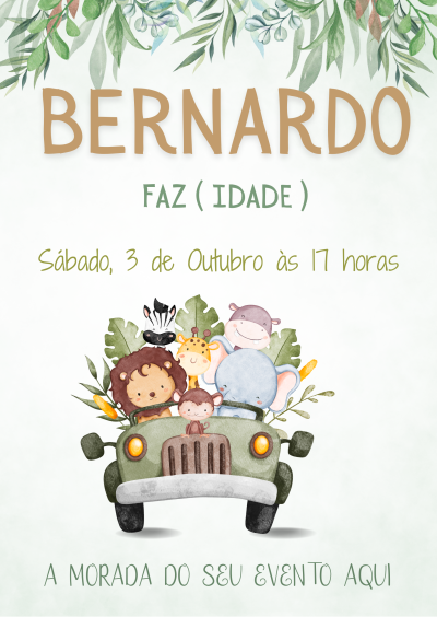 Convite de aniversário com animais de desenho animado num jipe e folhas verdes no topo.