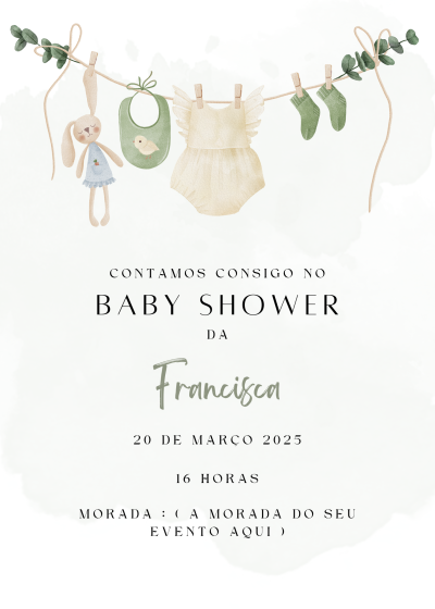 Convite para baby shower com roupa e brinquedo de bebé pendurados em corda e texto em português