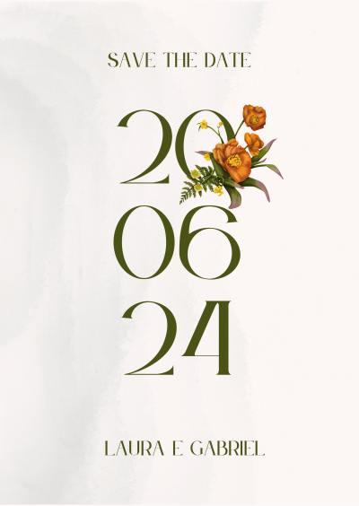 Cartão de Save the Date com data 20 06 24 e nomes Laura e Gabriel, decorado com flores