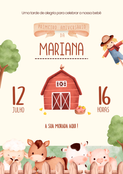 Convite de aniversário para criança com celeiro, animais da quinta, espantalho e texto em tons castanhos e bege