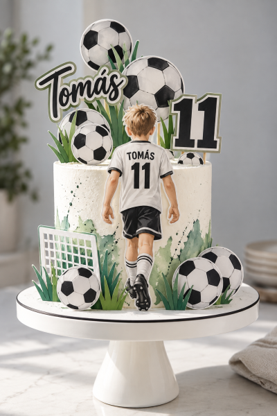 Bolo decorado com tema de futebol com nome Tomás e número 11