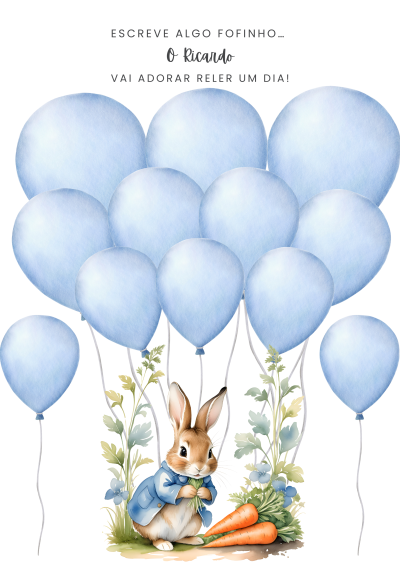 Coelho com cenouras e balões azuis com texto acima