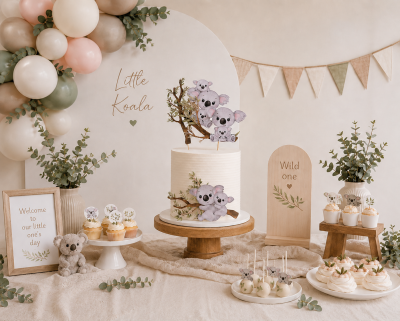 Decoração de festa com bolo, cupcakes e cake pops tema coala em tons neutros e pastel tema Koala