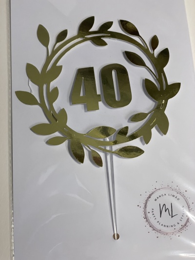 Topo de bolo dourado 40 com coroa de folhas em embalagem transparente