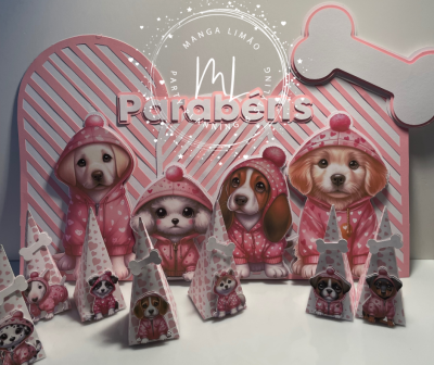 Decoração de festa com figuras de cães em casacos rosa e chapéus de cone