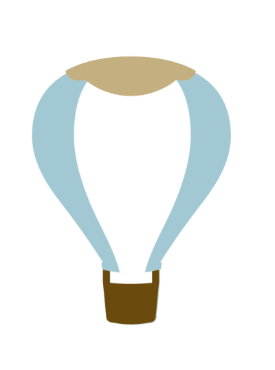 Ilustração de balão de ar quente com cesto castanho e corpo azul e branco