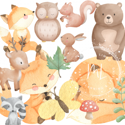 Ilustrações aquareladas de animais da floresta e elementos naturais em tons suaves