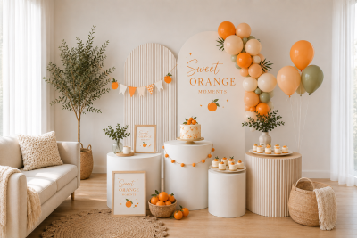 Decoração de festa temática laranja com bolos, balões e plantas em um ambiente acolhedor.