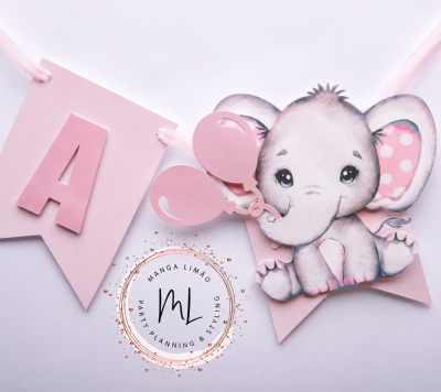 Guirlanda decorativa Bandeirola personalizada Elefante Rosa com letra decorativa e elefante com balõ