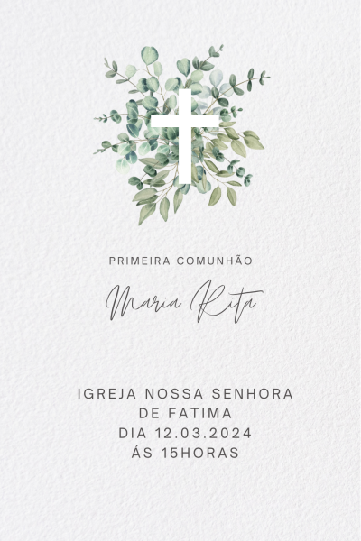 Convite branco texturizado com cruz e folhagem verde para comunhão