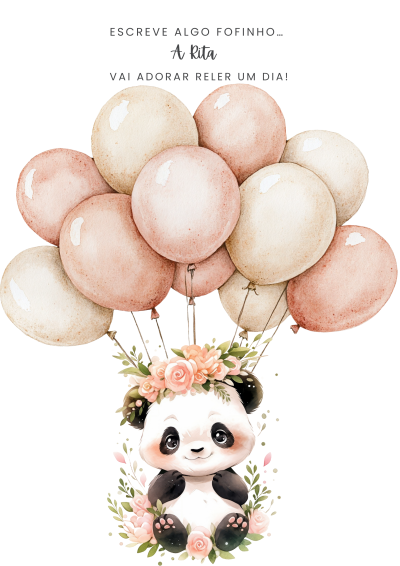 Ilustração de panda fofo com balões e flores, texto em português acima.