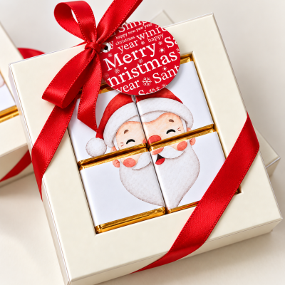 Caixa de presente branca com laço vermelho e chocolates com imagem de Pai Natal