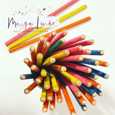 Lápis de cor variados organizados em feixe com texto de marca no fundo branco