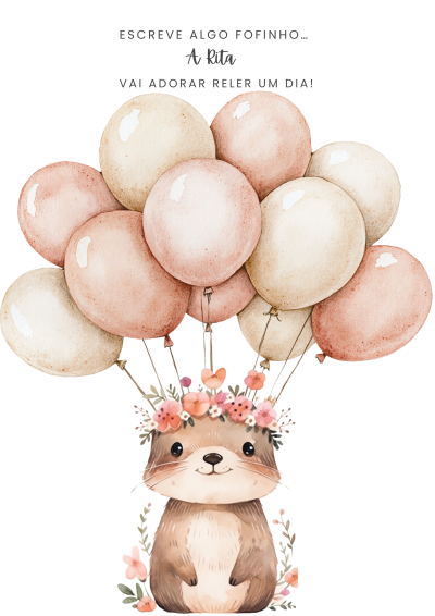 Animal fofinho com balões rosa e bege e texto em português acima