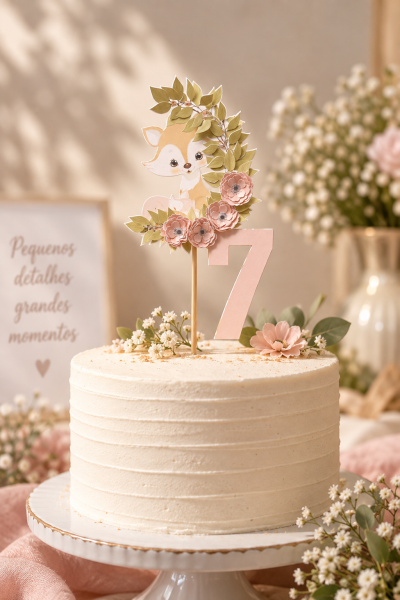 Bolo com decoração de flores e topo de bolo com número 7 e raposa