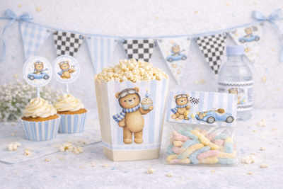 Kit festa infantil com ursinho piloto em decoração azul e branca